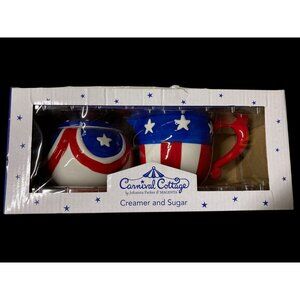 Johanna Parker Carnival Cottage July 4th Patriotic Creamer and Sugar Set New